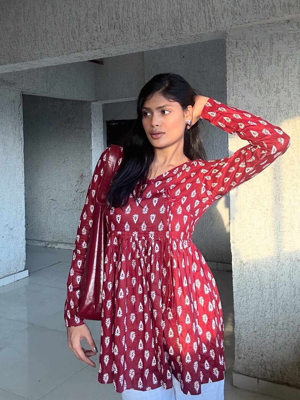 Maroon Ikat Printed Peplum Kurti Top