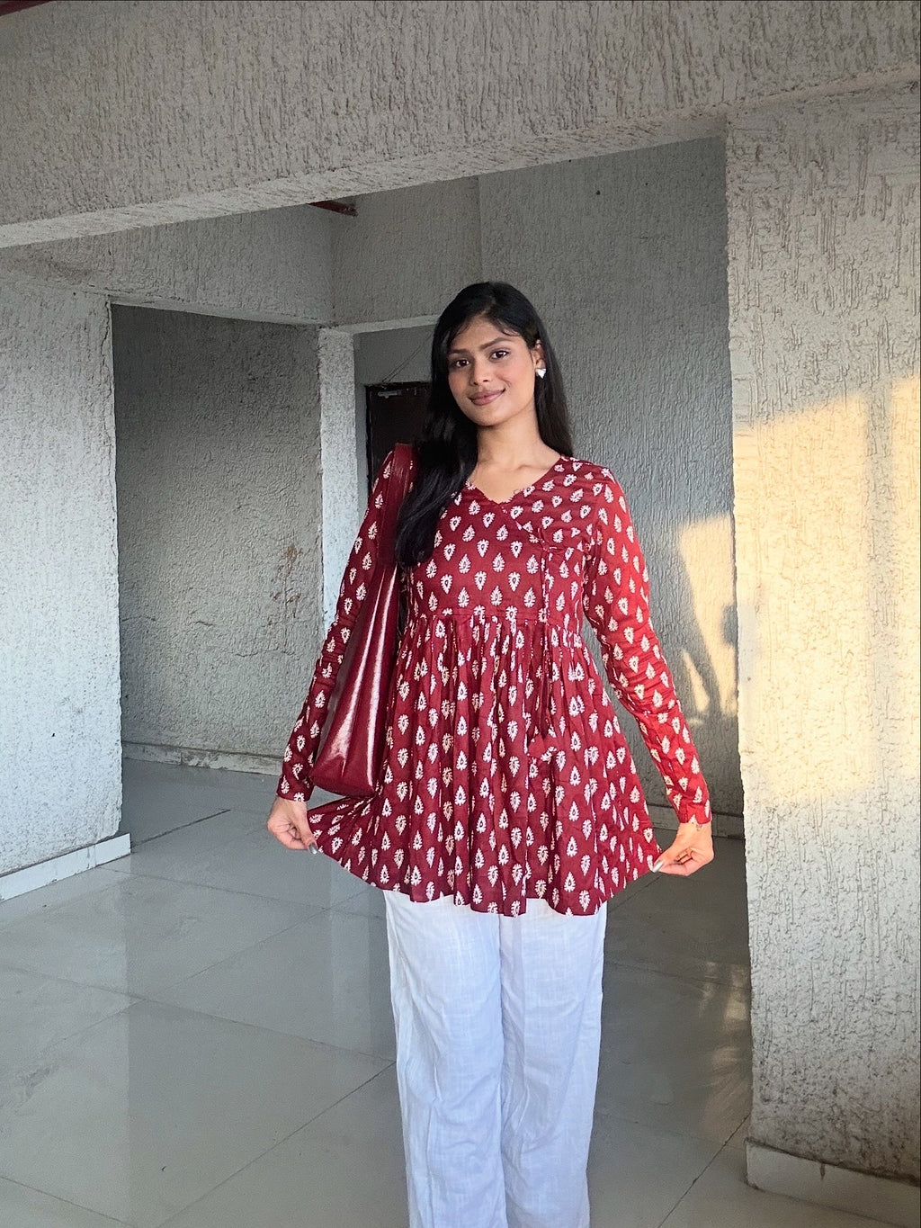 Maroon Ikat Printed Peplum Kurti Top