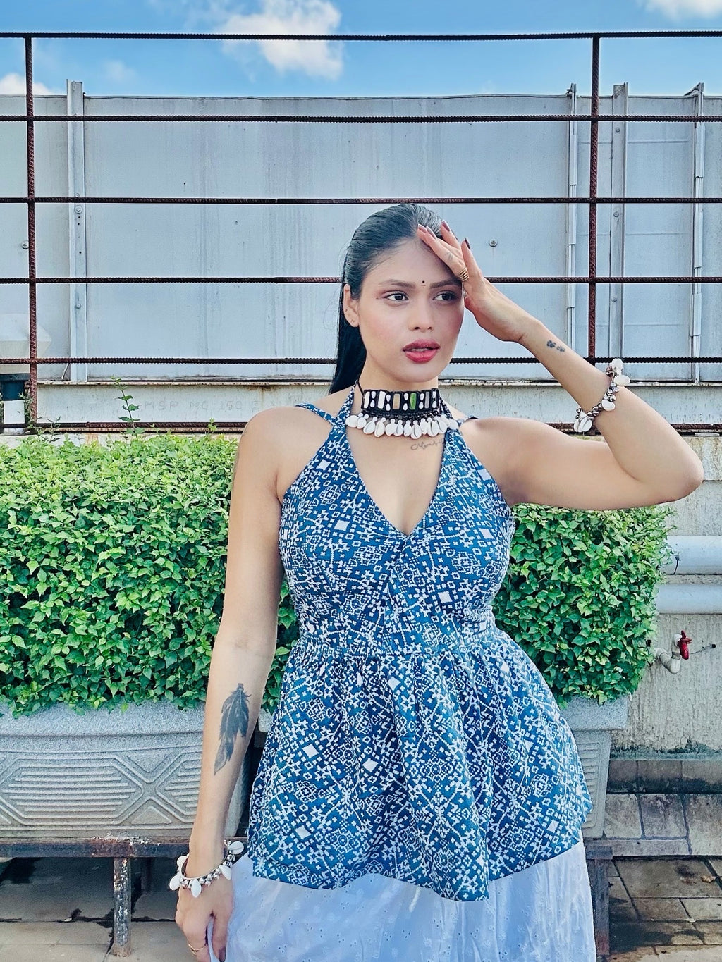 Blue & White Ethnic Print Peplum Top