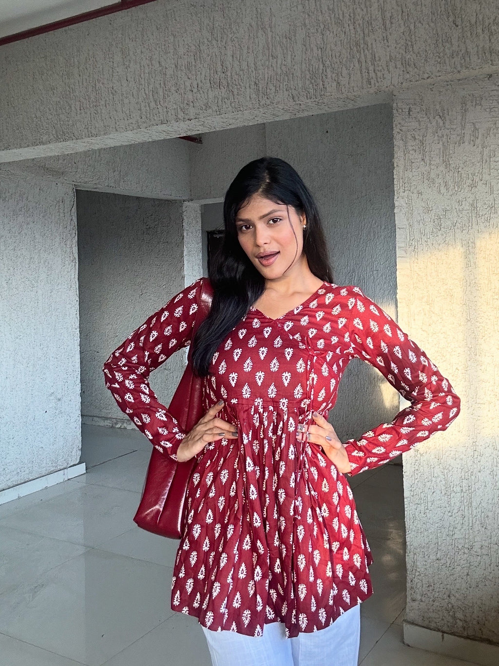 Maroon Ikat Printed Peplum Kurti Top