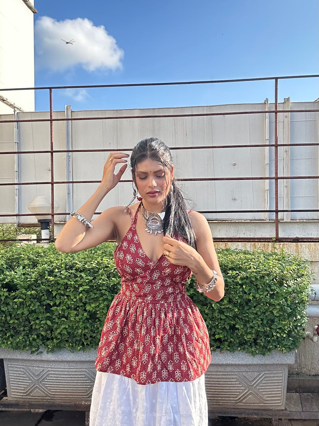 Red & White Ethnic Print Peplum Top