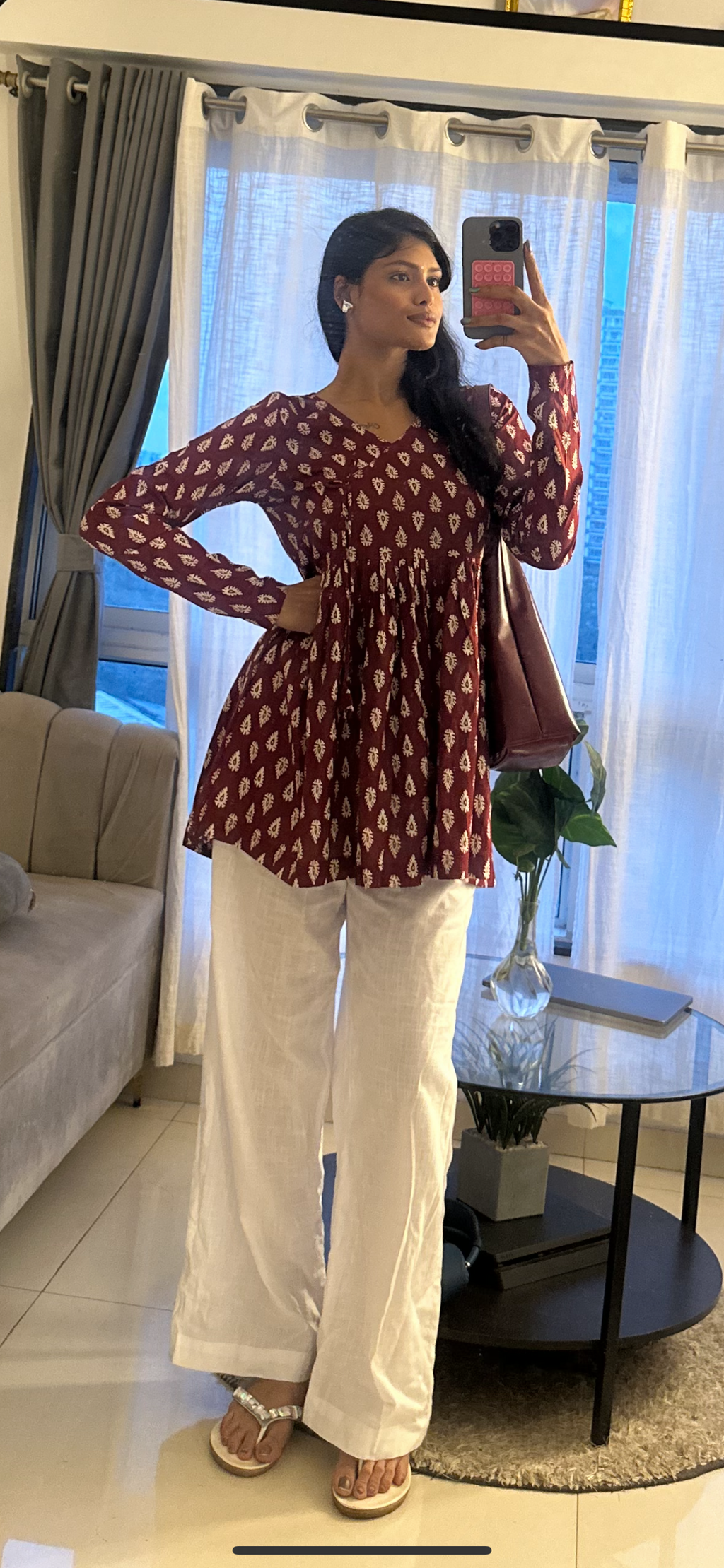 Maroon Ikat Printed Peplum Kurti Top