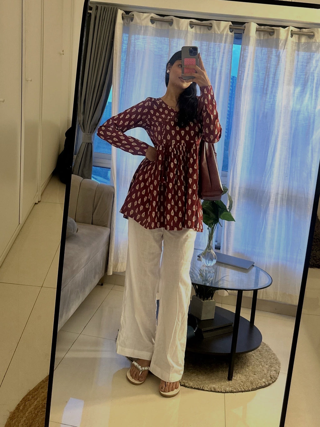 Maroon Ikat Printed Peplum Kurti Top