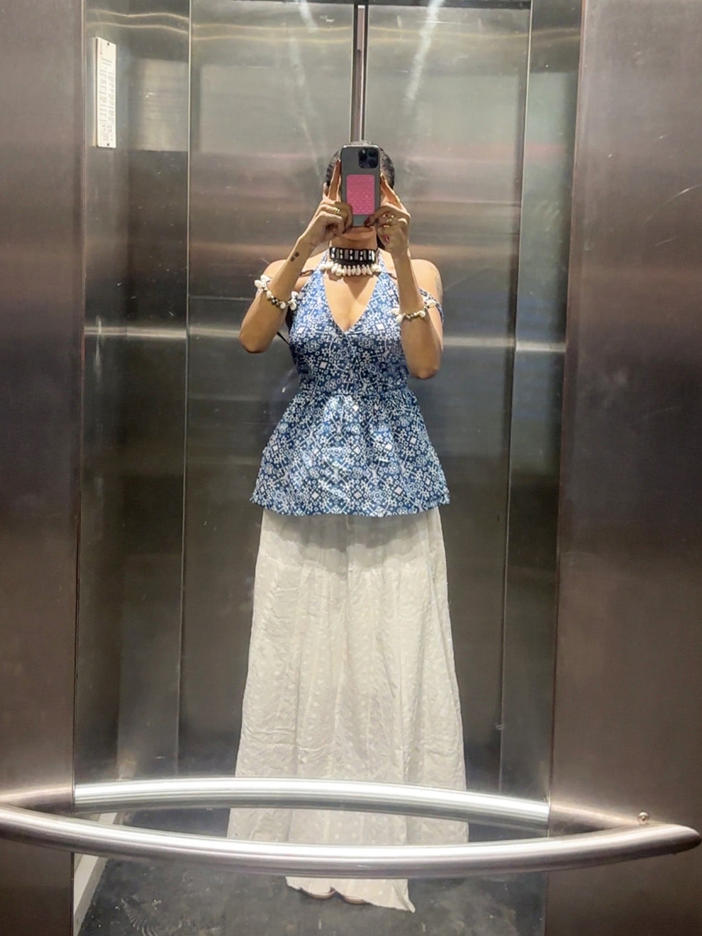 Blue & White Ethnic Print Peplum Top