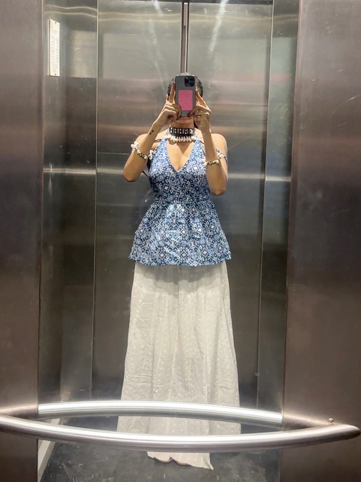 Blue & White Ethnic Print Peplum Top