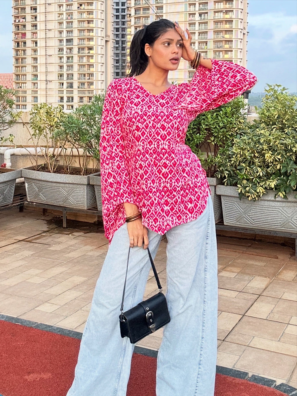 Pink Ikat Print Straight Kurti Top with Long Sleeves