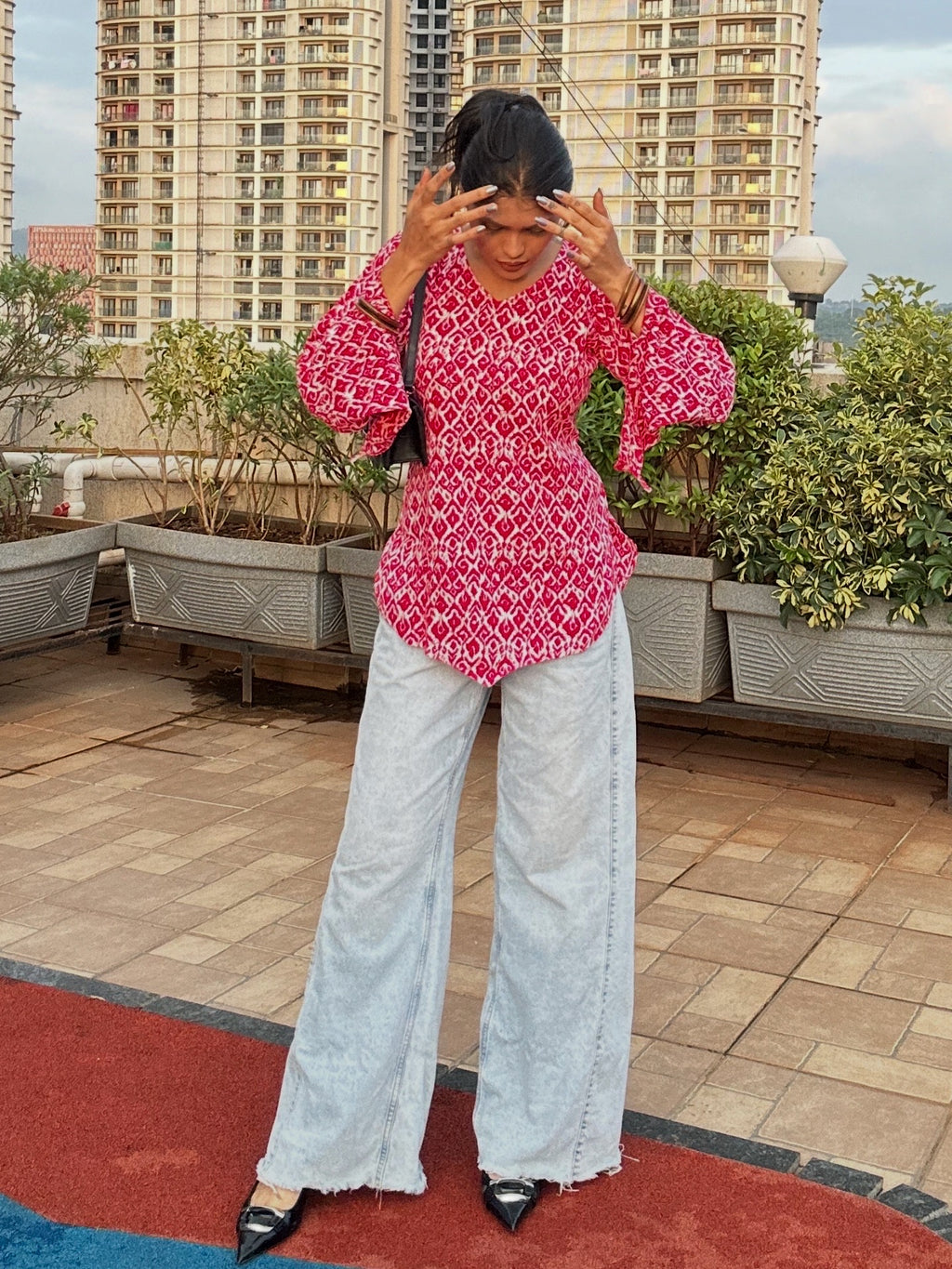 Pink Ikat Print Straight Kurti Top with Long Sleeves