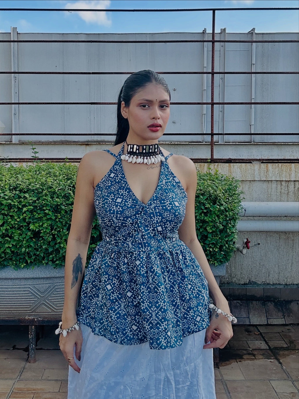 Blue & White Ethnic Print Peplum Top