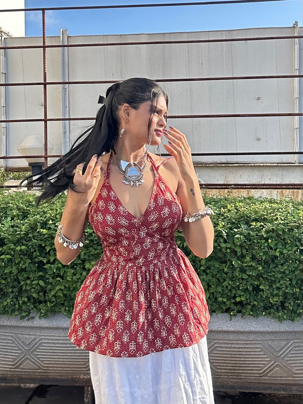 Red & White Ethnic Print Peplum Top