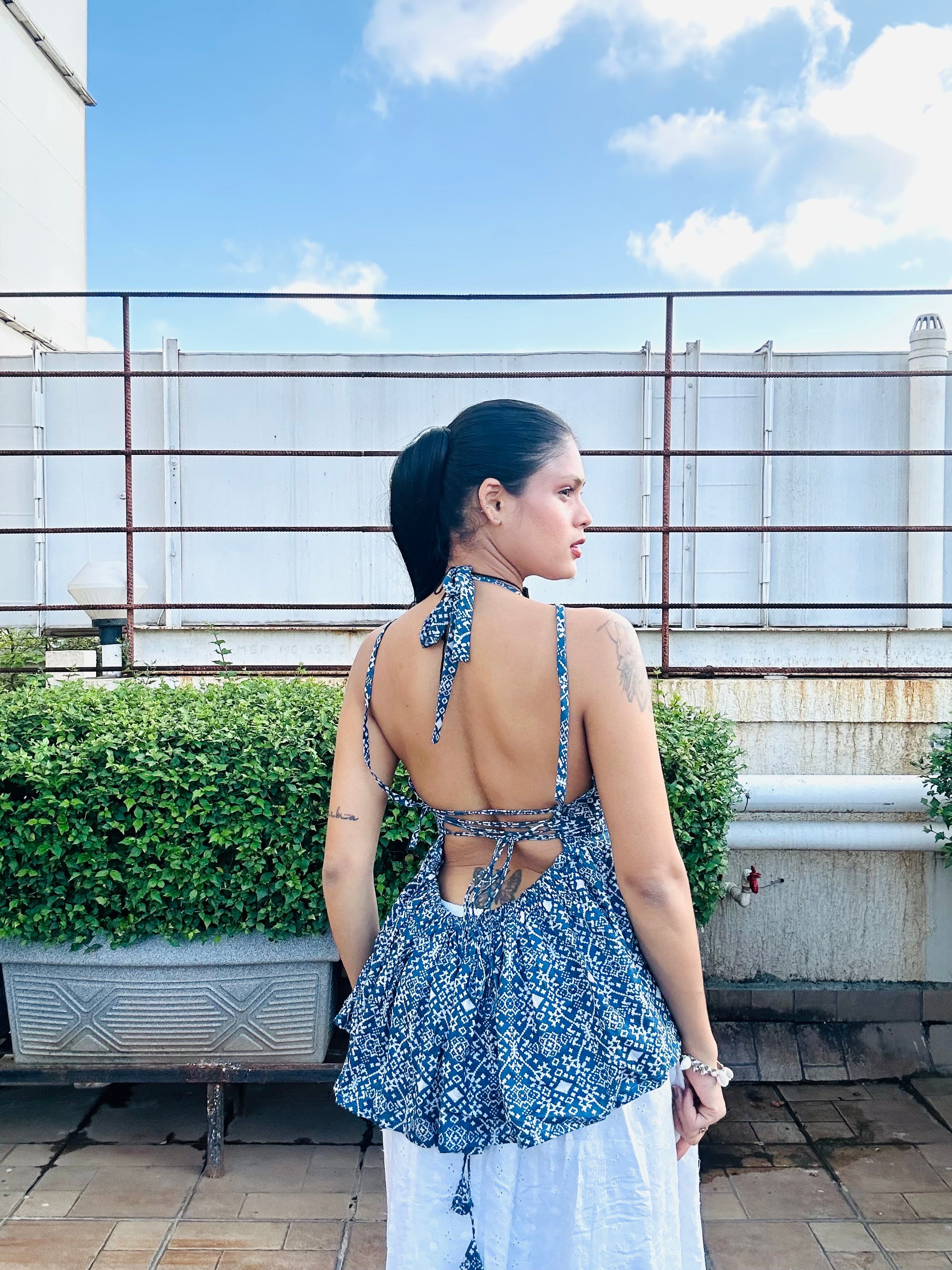 Blue & White Ethnic Print Peplum Top