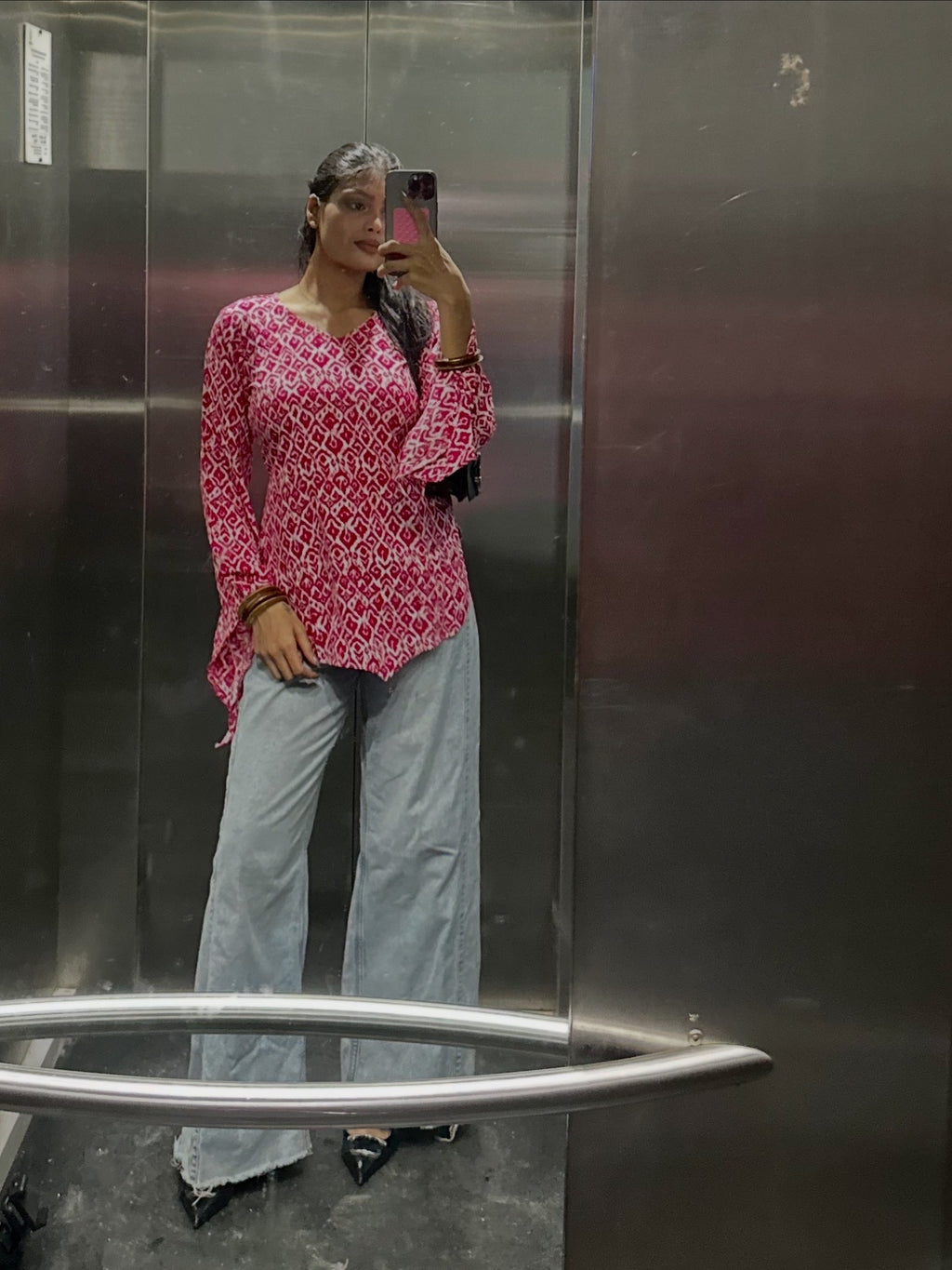 Pink Ikat Print Straight Kurti Top with Long Sleeves