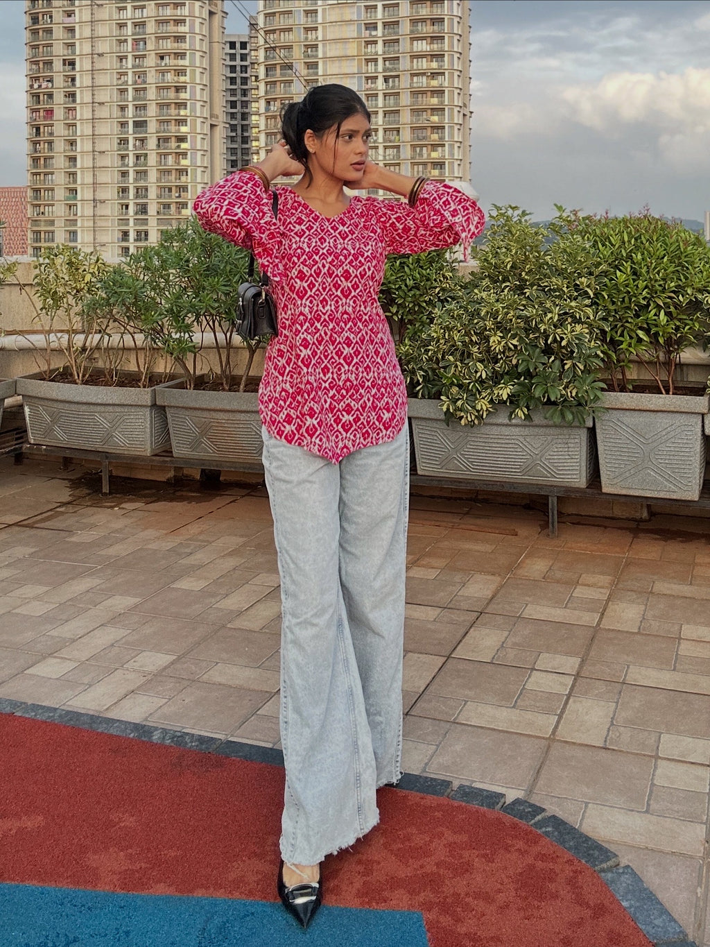 Pink Ikat Print Straight Kurti Top with Long Sleeves