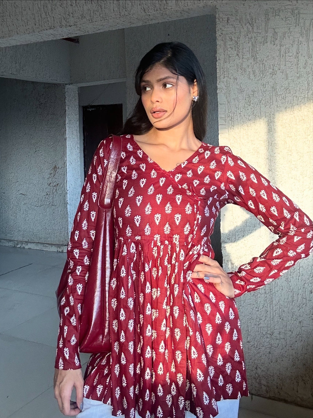 Maroon Ikat Printed Peplum Kurti Top