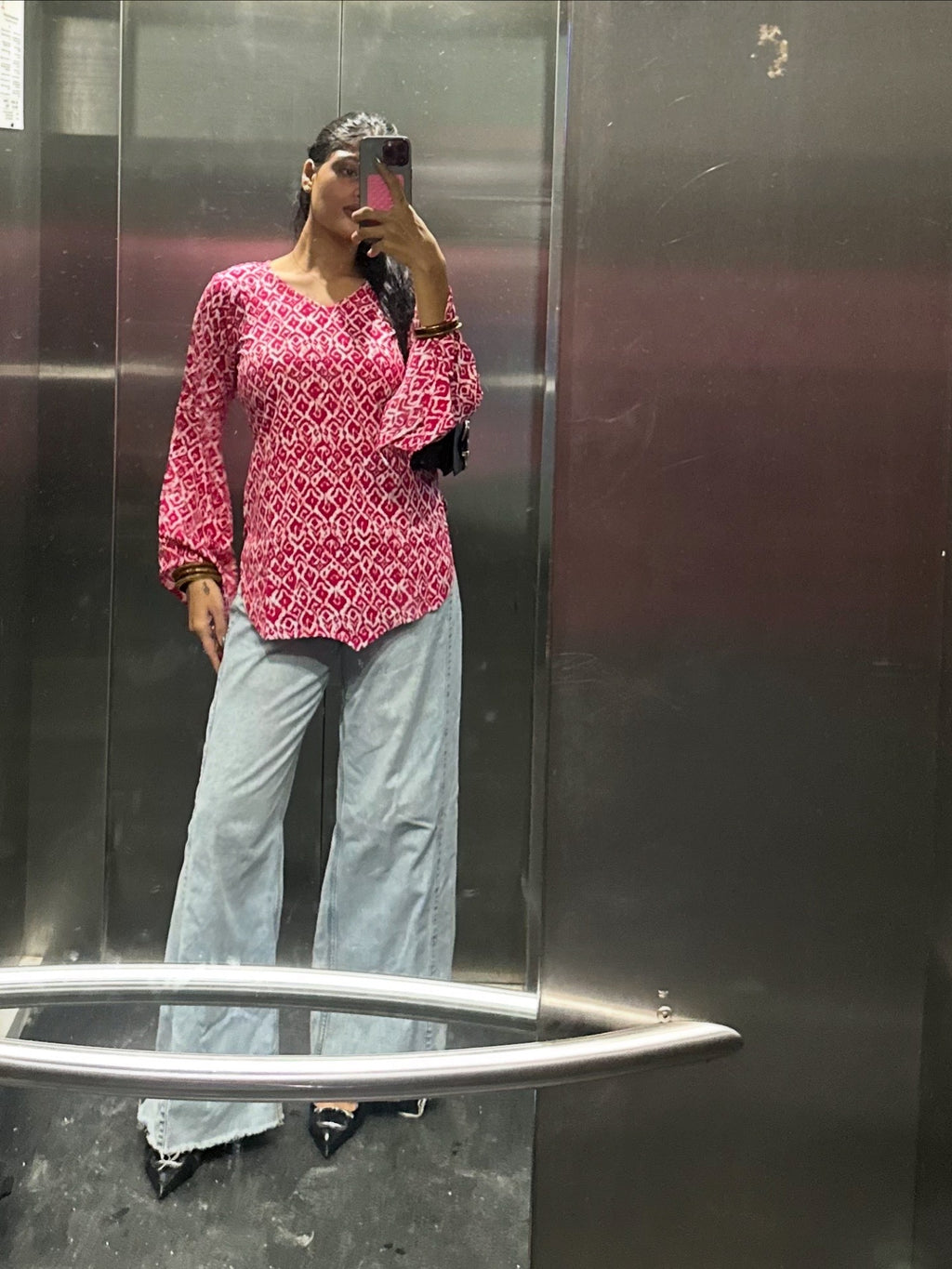 Pink Ikat Print Straight Kurti Top with Long Sleeves