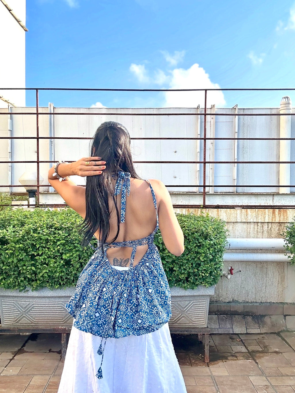 Blue & White Ethnic Print Peplum Top