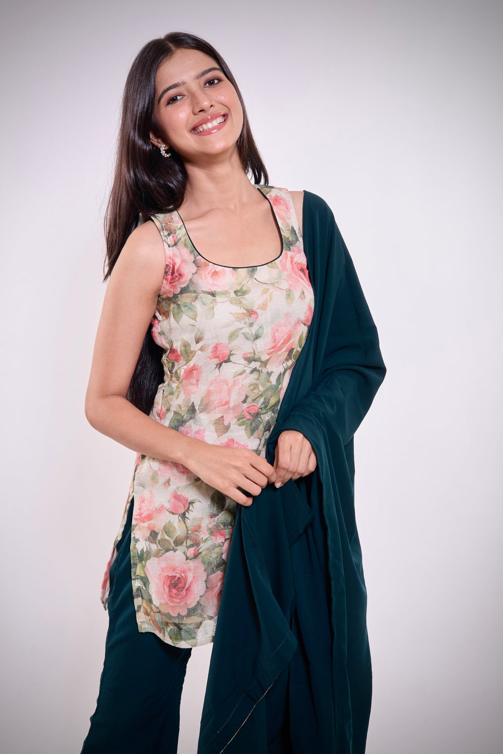 Floral Printed Kurti Set with Bottle Green Palazzo