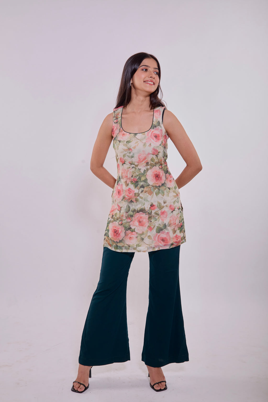 Floral Printed Kurti Set with Bottle Green Palazzo