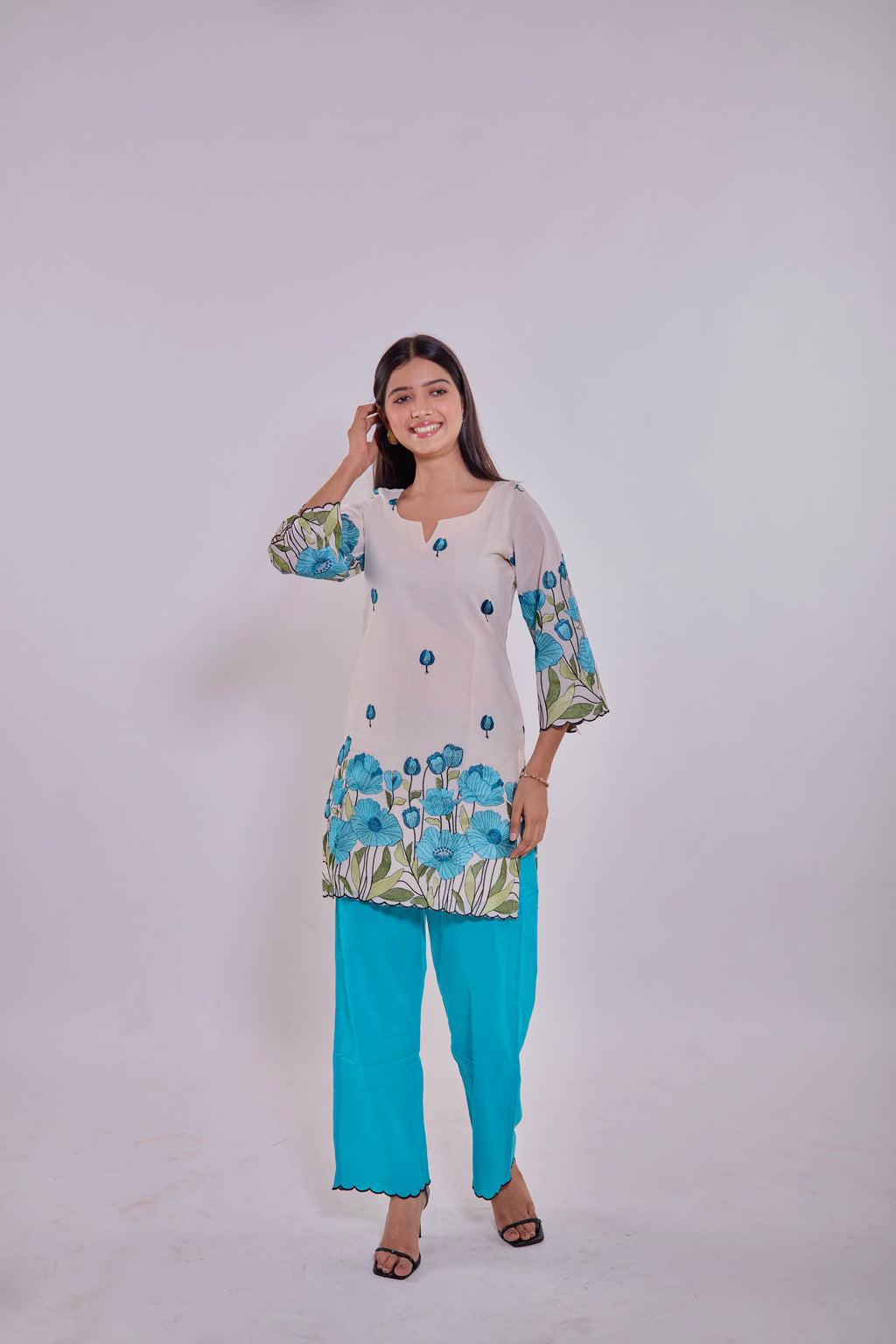 Off-white Base with Sky-blue Floral Prints Kurta Set