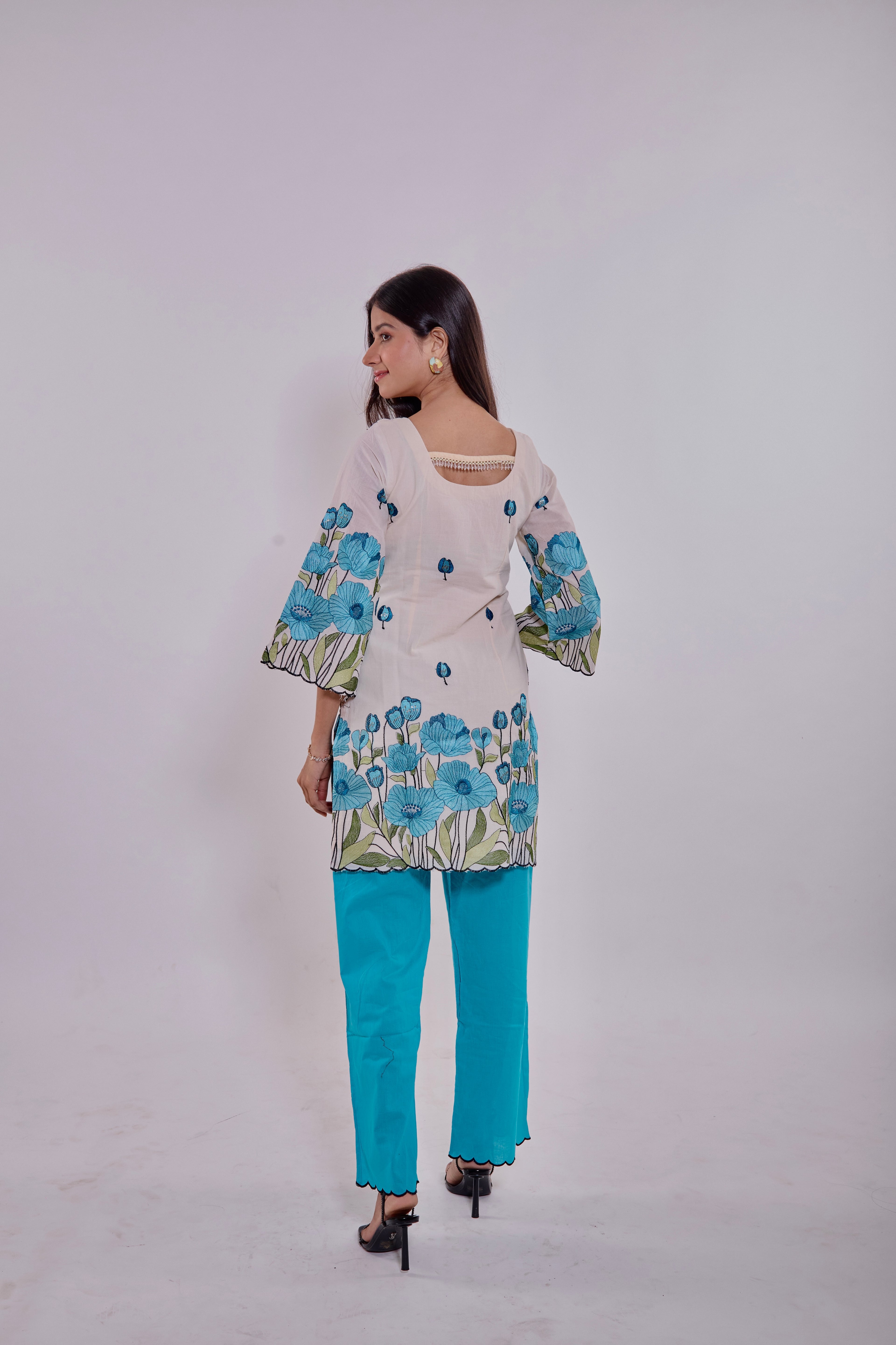 Off-white Base with Sky-blue Floral Prints Kurta Set