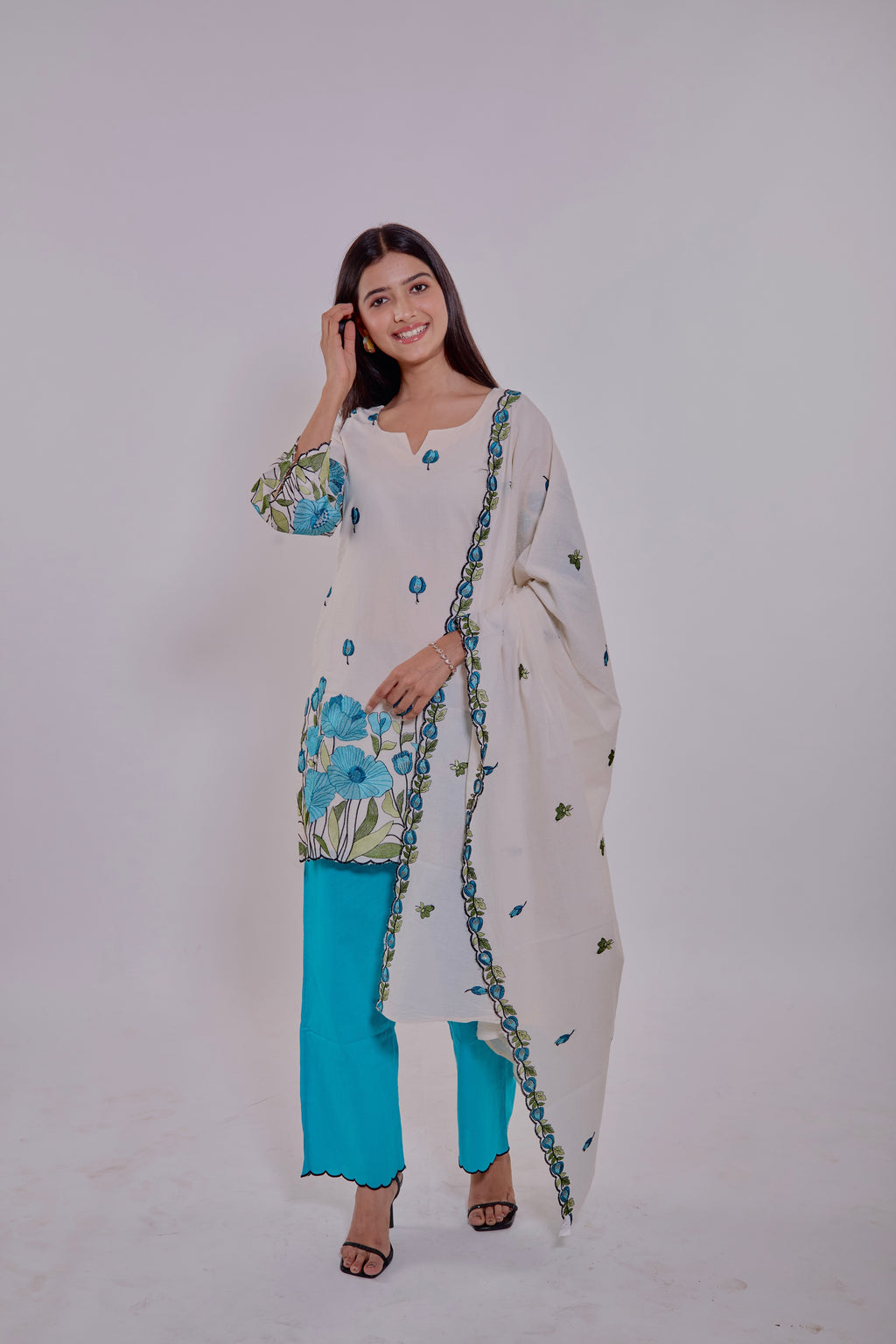 Off-white Base with Sky-blue Floral Prints Kurta Set