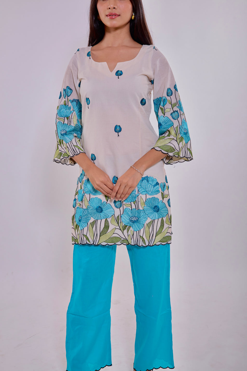 Off-white Base with Sky-blue Floral Prints Kurta Set