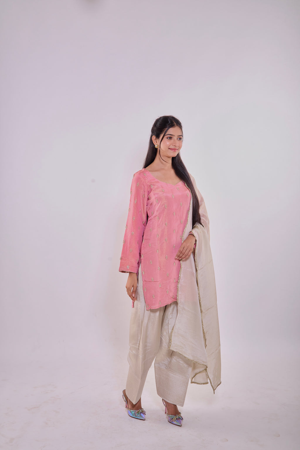Blush Pink Chanderi Silk Kurti Set
