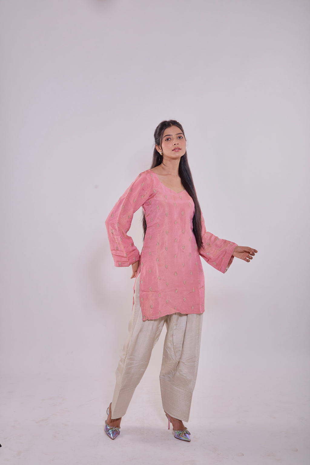 Blush Pink Chanderi Silk Kurti Set
