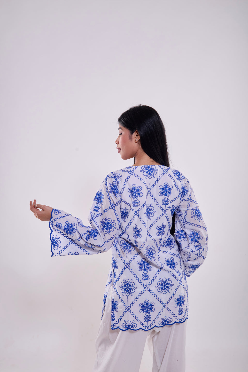 White & Blue Embroidered Kurta Set