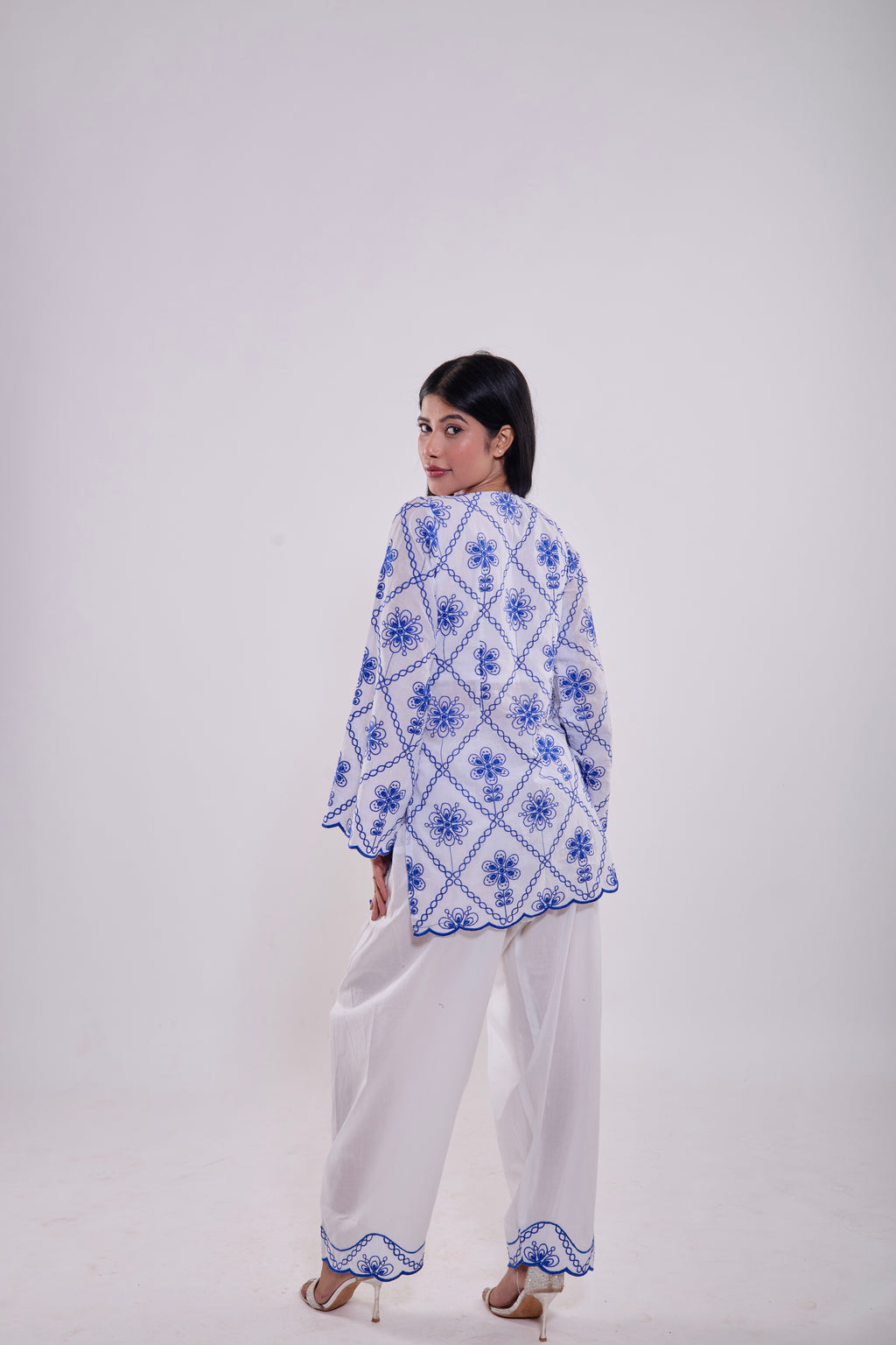 White & Blue Embroidered Kurta Set