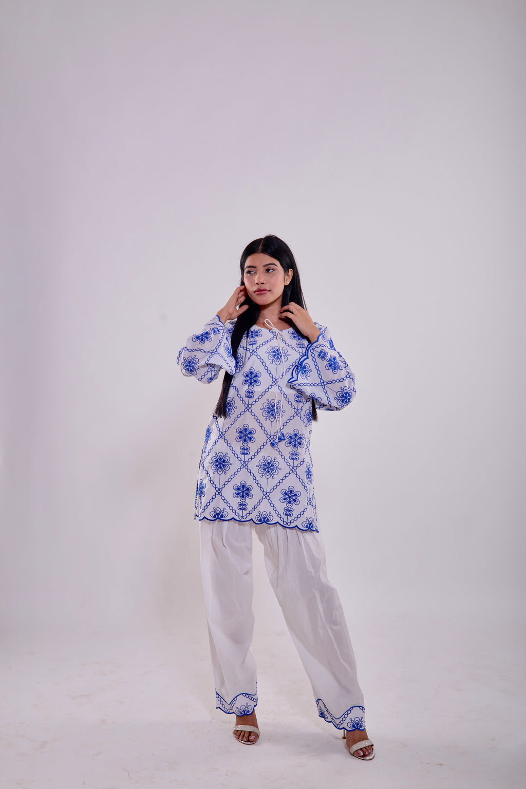 White & Blue Embroidered Kurta Set