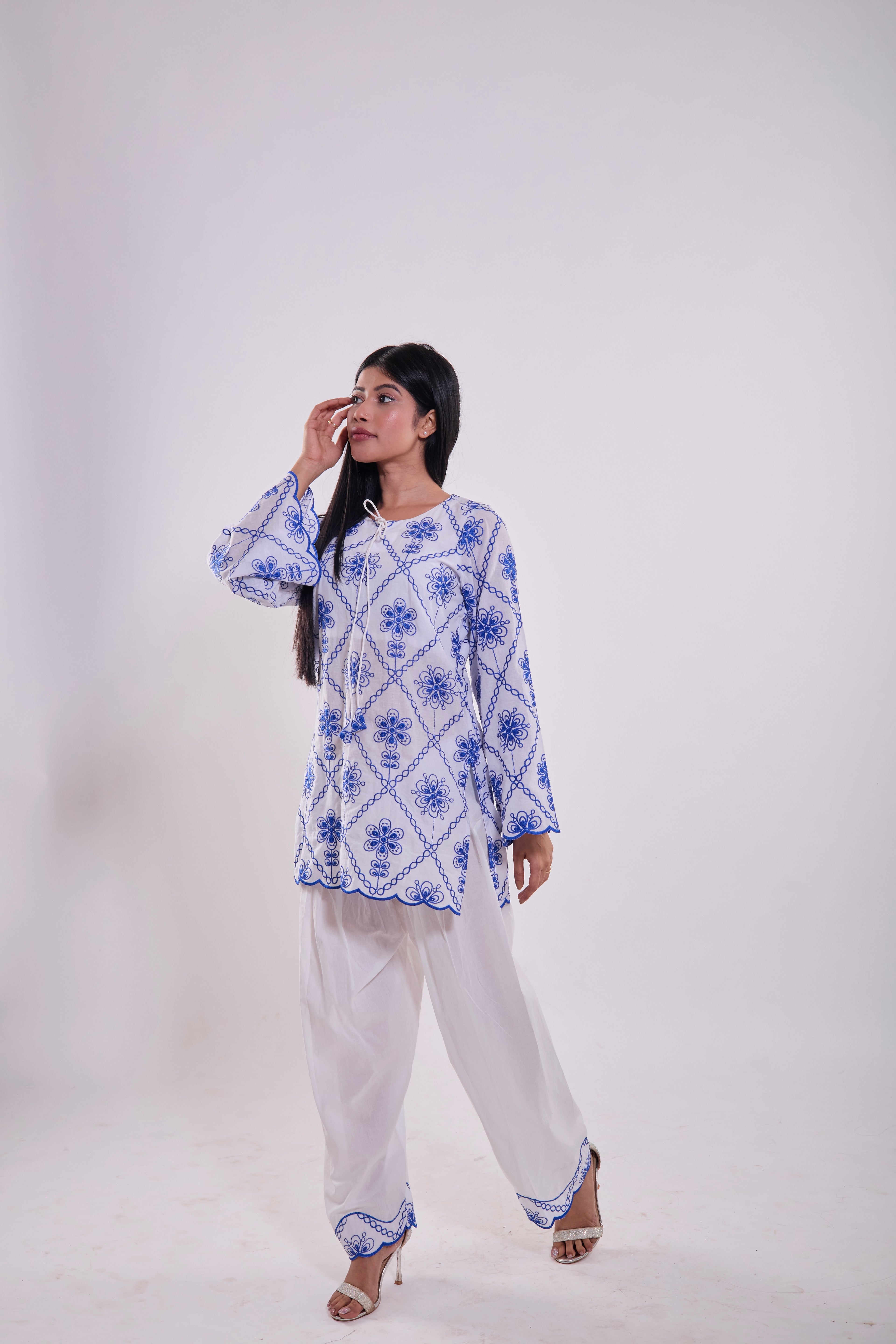 White & Blue Embroidered Kurta Set