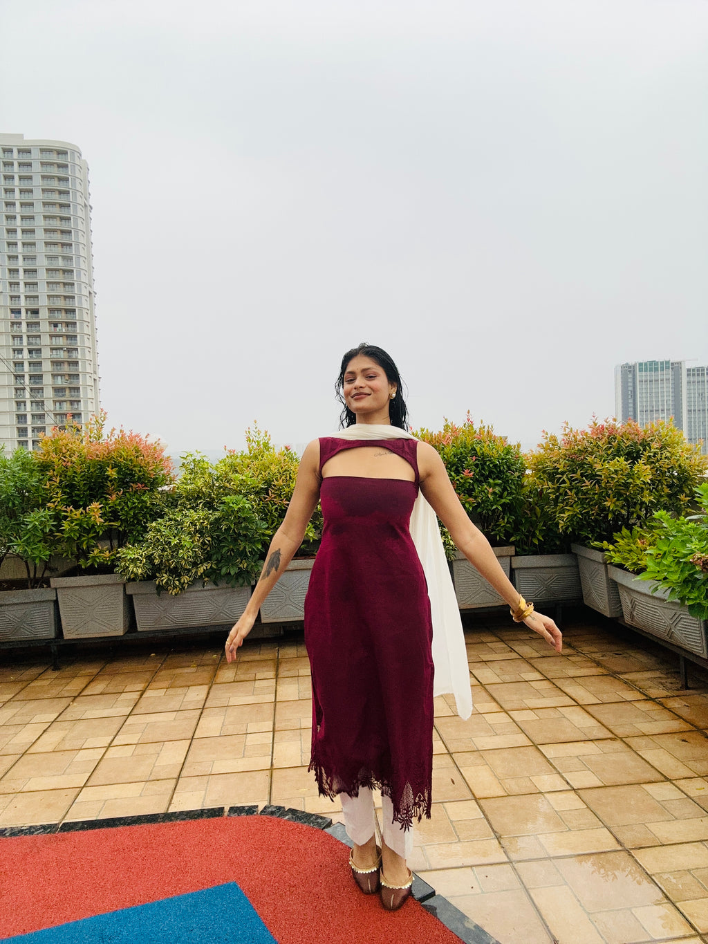 "Maroon Elegance Cut-Out Kurti Set