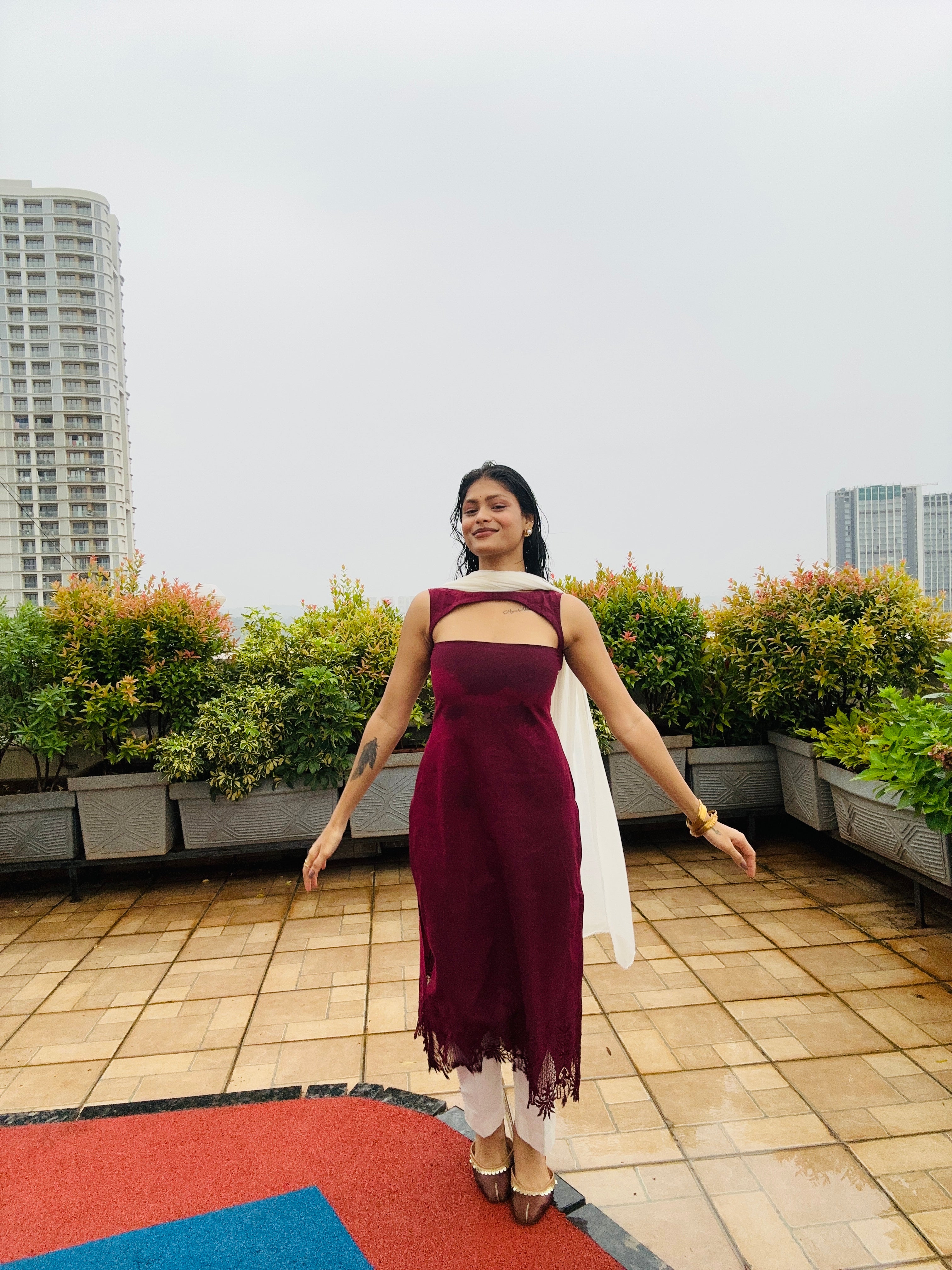 "Maroon Elegance Cut-Out Kurti Set